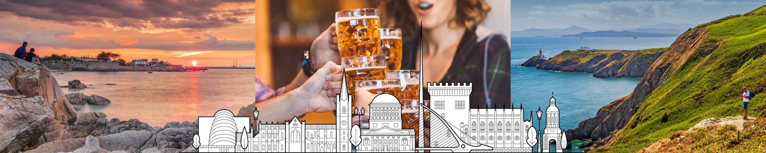 Composite image of Dublin seafront and coastline with people clinking glasses of beer above an illustration of famous Dublin buildings